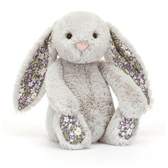 Jellycat Blossom Silver Bunny Bloom side view shows soft fur and floral print for a cozy night companion
