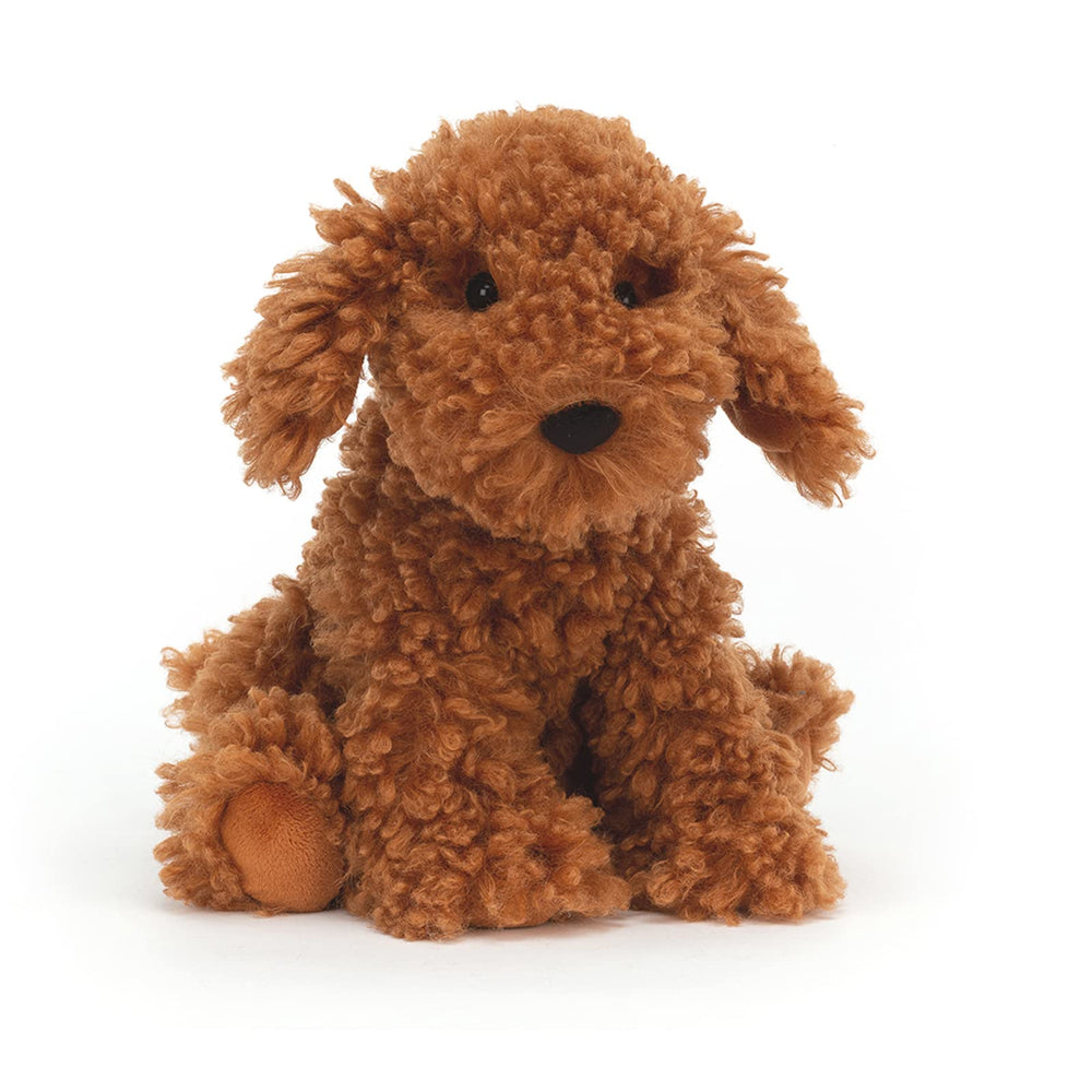 Jellycat Cooper Doodle Dog seated pose, ideal cuddle partner for naps and play.