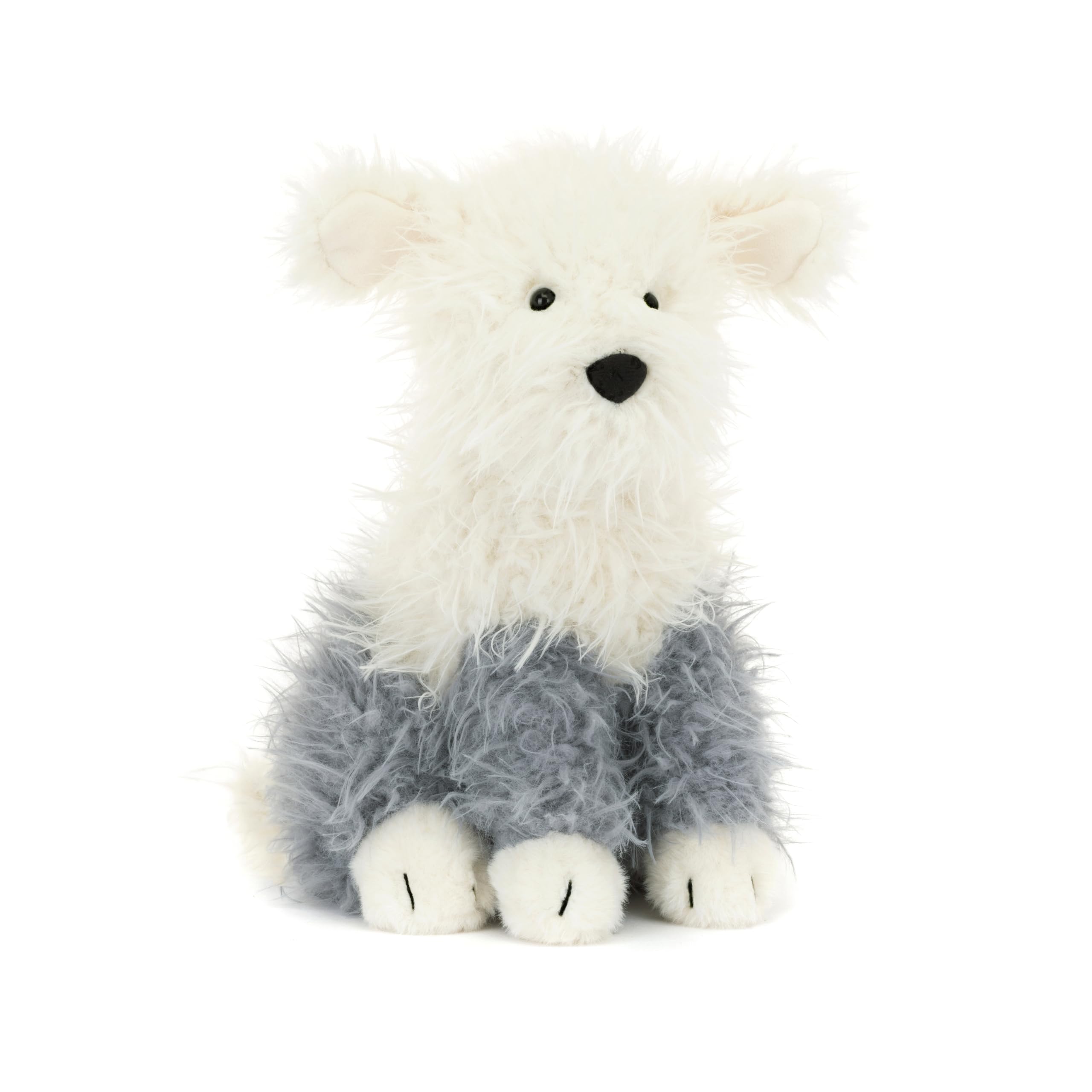 Jellycat Ewert Sheepdog with cream-grey fur texture invites gentle cuddling.