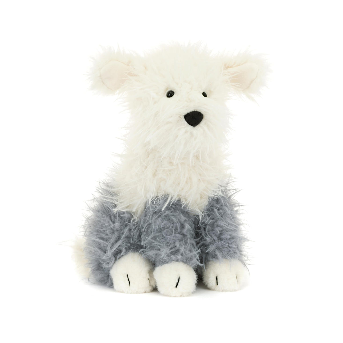 Jellycat Ewert Sheepdog with cream-grey fur texture invites gentle cuddling.