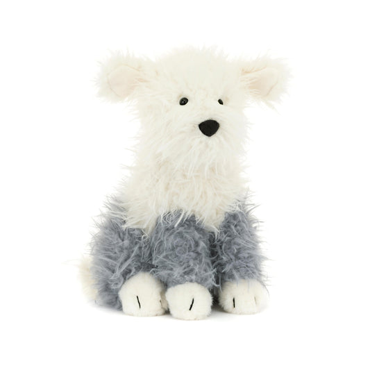 Jellycat Ewert Sheepdog with cream-grey fur texture invites gentle cuddling.