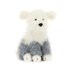 Jellycat Ewert Sheepdog with cream-grey fur texture invites gentle cuddling.