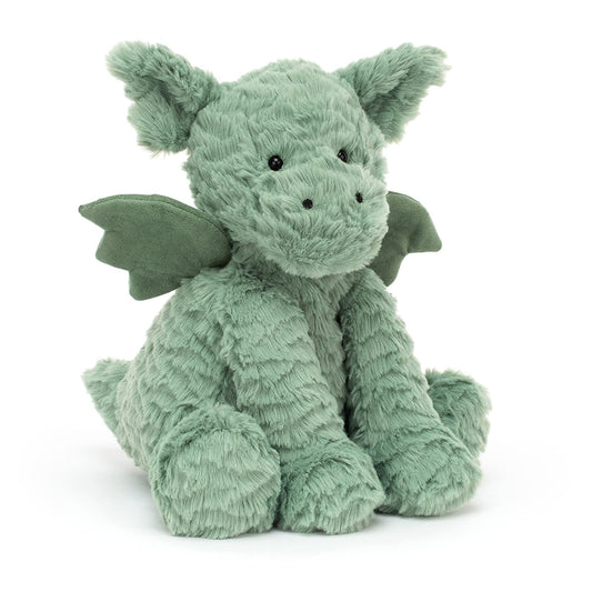 Jellycat Fuddlewuddle Dragon front view highlights mint fur for snuggle time.