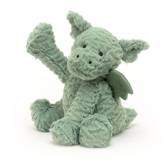 Jellycat Fuddlewuddle Dragon side view emphasizes compact 9-inch size for portable play.