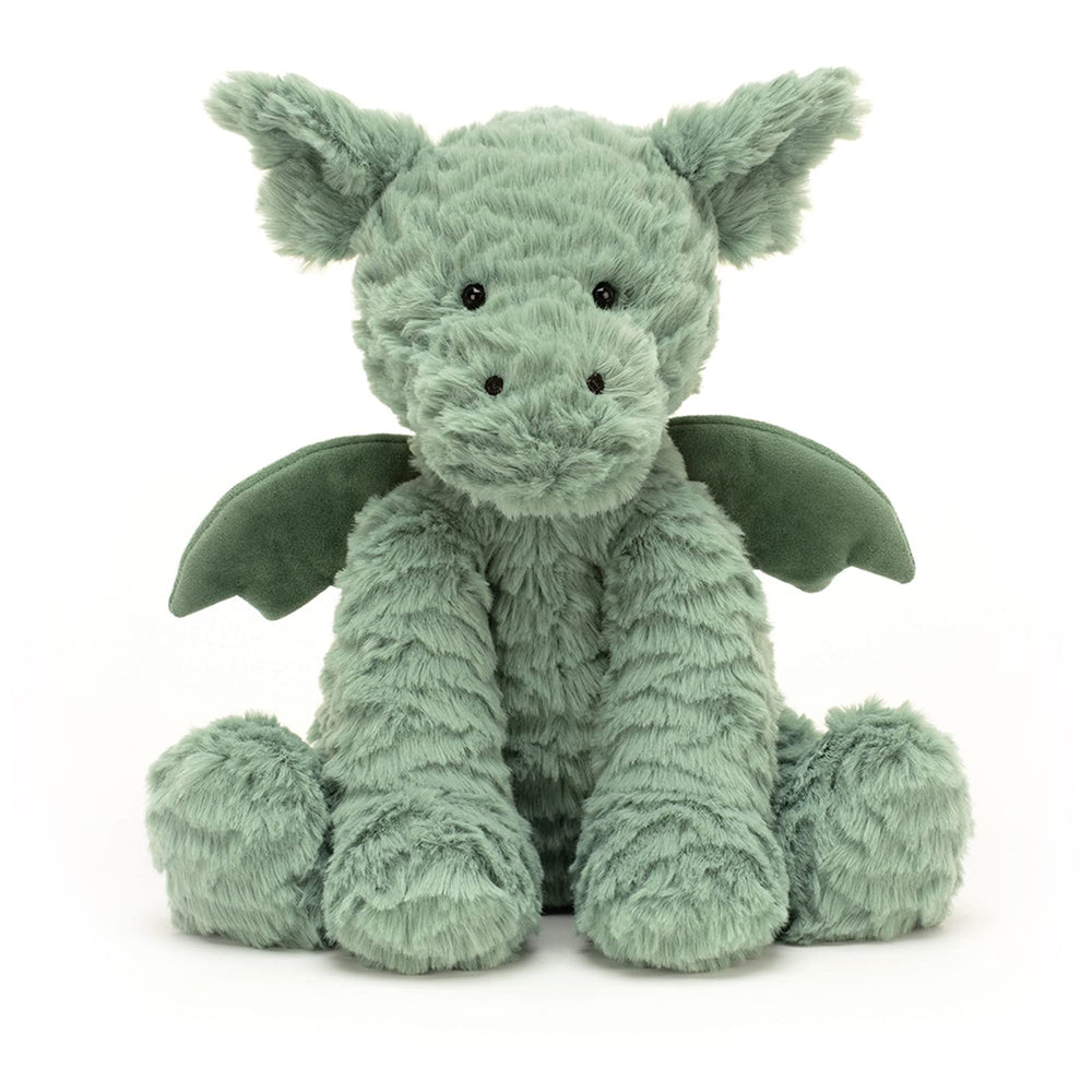 Jellycat Fuddlewuddle Dragon sitting height demonstrates a perfect desk or shelf companion.