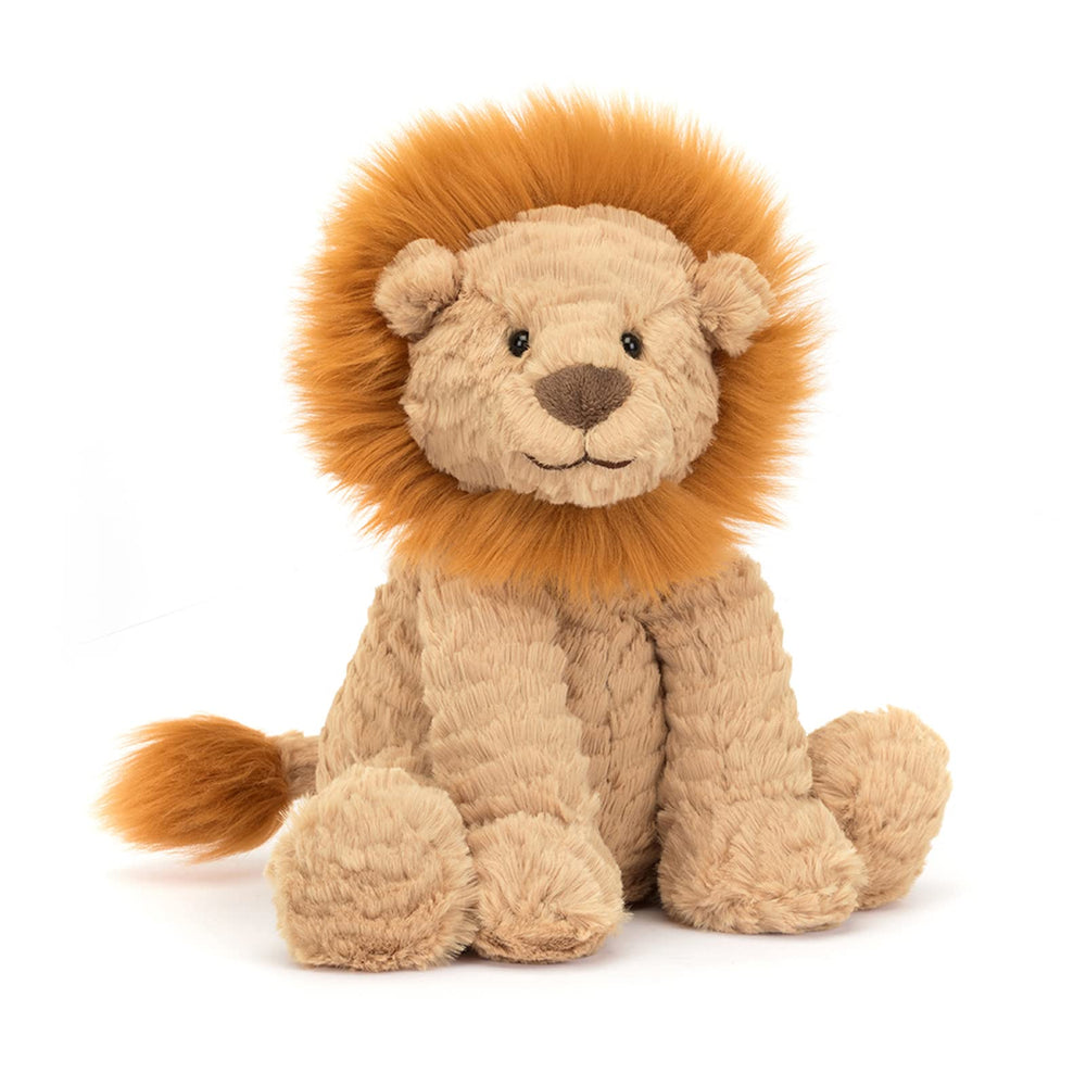 Jellycat Fuddlewuddle Lion plush with soft fur, ideal for comforting hugs.