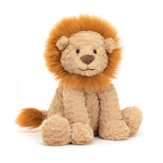 Jellycat Fuddlewuddle Lion plush with soft fur, ideal for comforting hugs.