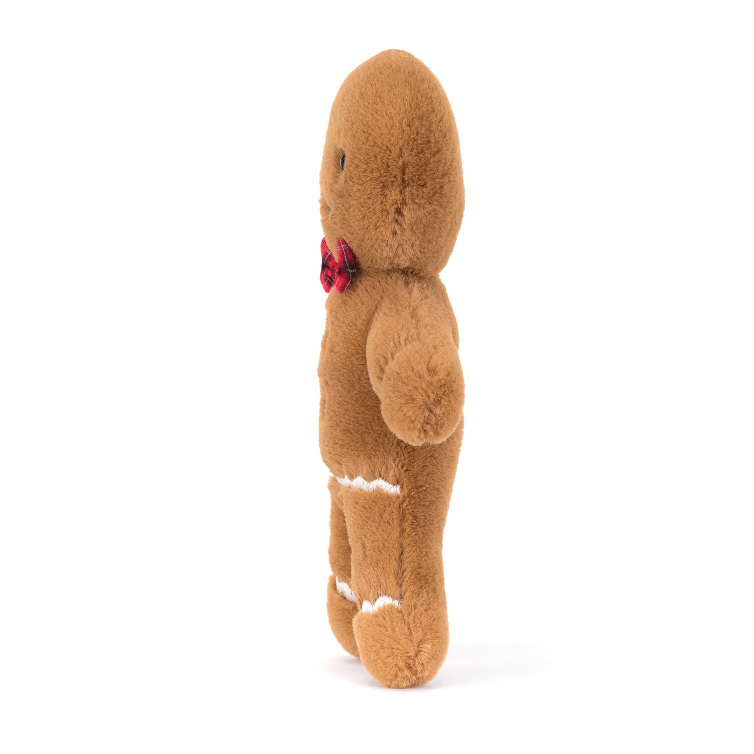 Jellycat Jolly Gingerbread Fred with red plaid bowtie adds festive charm.