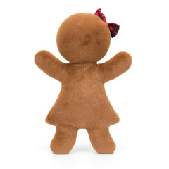 Jellycat Jolly Gingerbread Ruby dress stitching closeup emphasizes cuteness and festive charm.