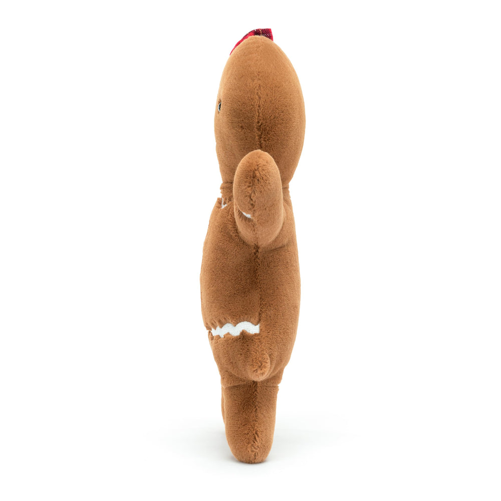 Jellycat Jolly Gingerbread Ruby fur texture closeup highlights soft plush and detailed stitching.