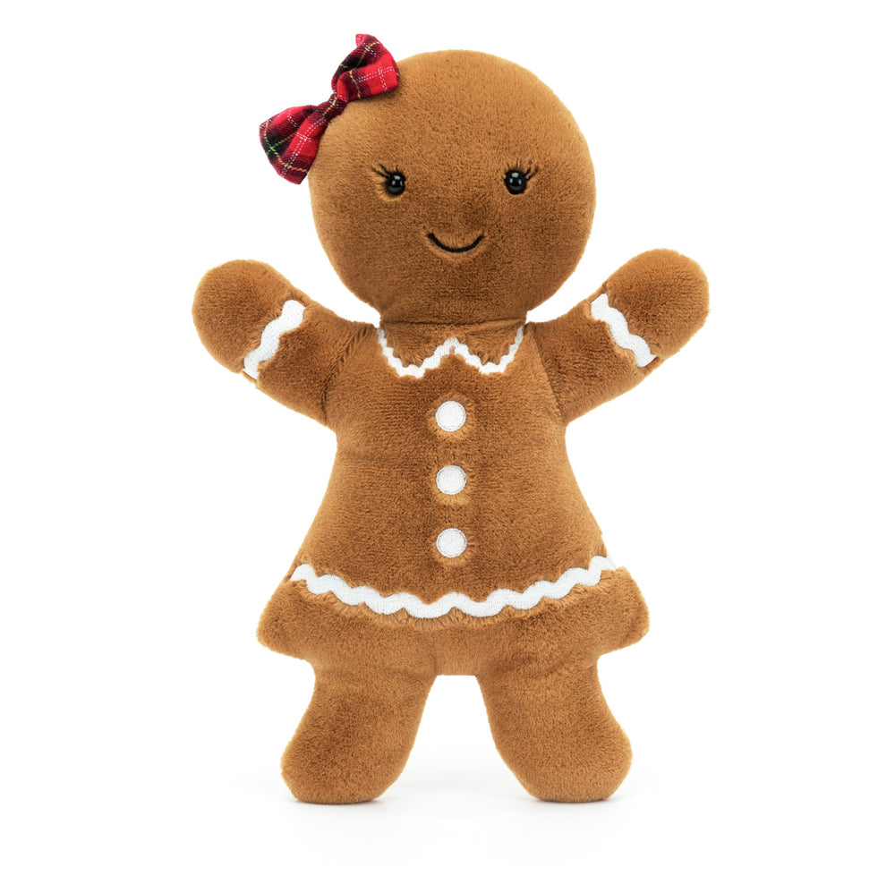 Jellycat Jolly Gingerbread Ruby hair plaid bow view suggests seasonal styling and gift appeal.