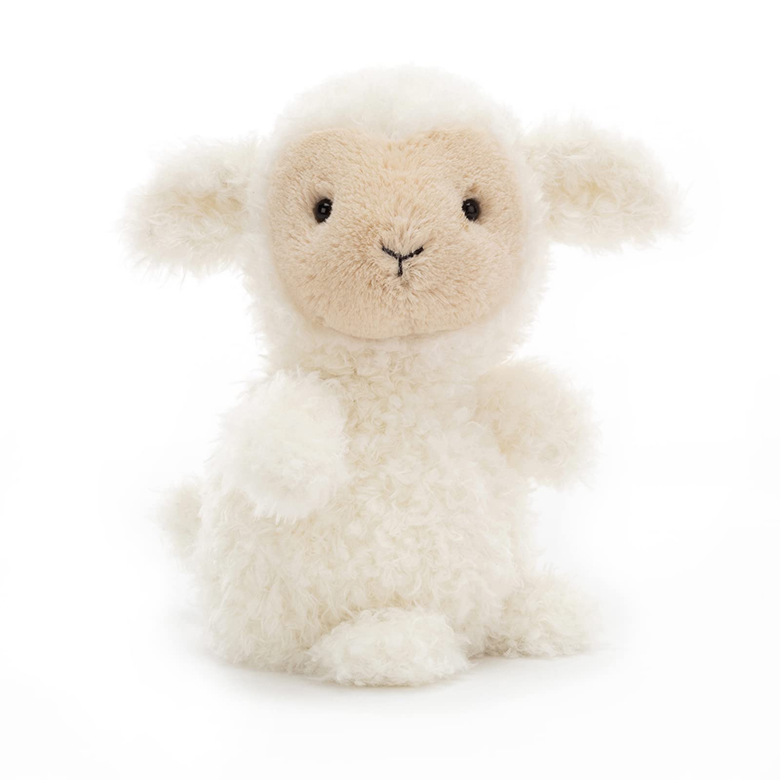 Jellycat Little Lamb front view plush, ideal cuddly travel companion.