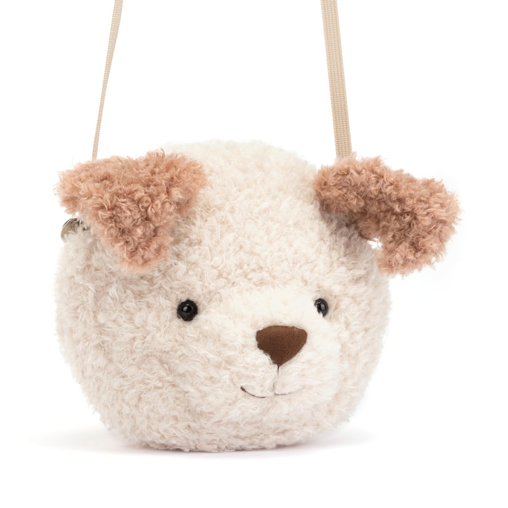 Jellycat Little Pup Bag front detail reveals ears and nose accents for whimsy.