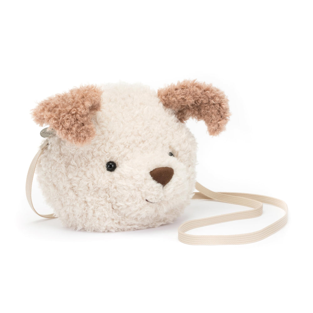 Jellycat Little Pup Bag front view highlights its cute furry design and compact size.