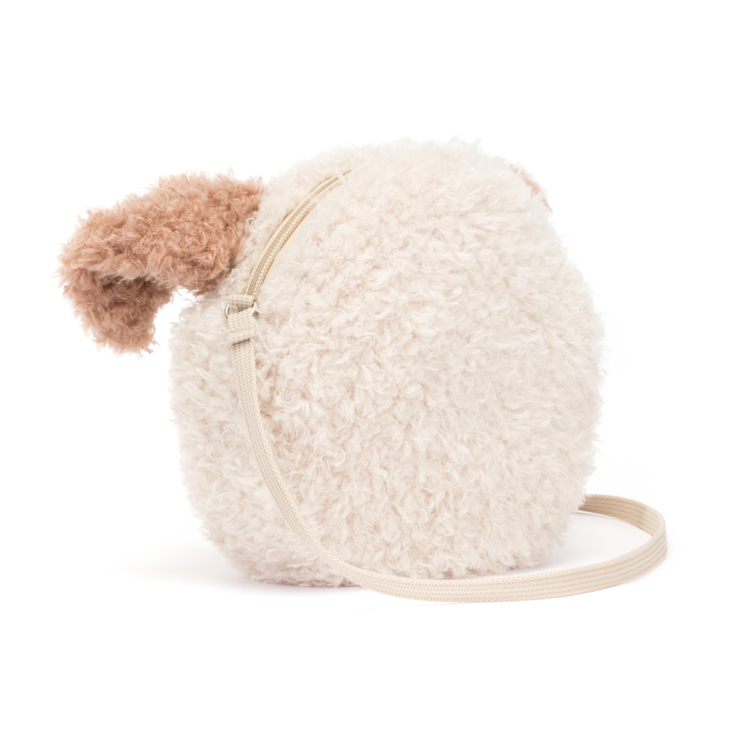 Jellycat Little Pup Bag side profile emphasizes plush texture and adjustable crossbody strap.