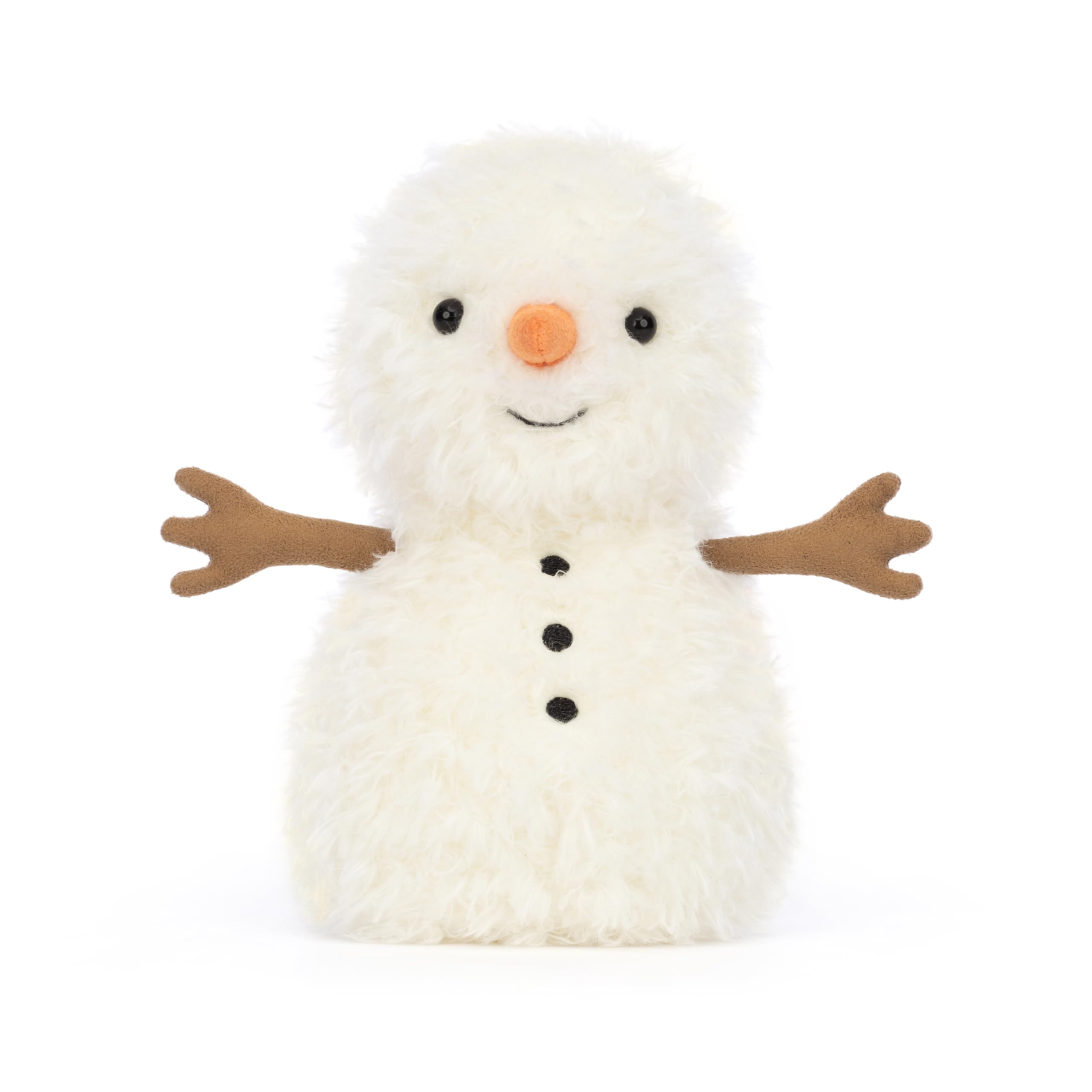 Jellycat Little Snowman bean-base and embroidered buttons support upright display