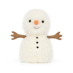 Jellycat Little Snowman bean-base and embroidered buttons support upright display