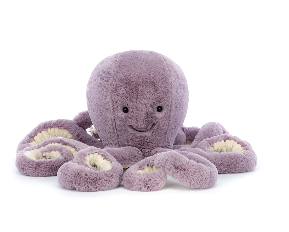 Jellycat Maya Octopus dimensions and sitting height for display.
