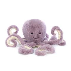 Close-up of Jellycat Maya Octopus dusky mauve silky fur for cozy touch.