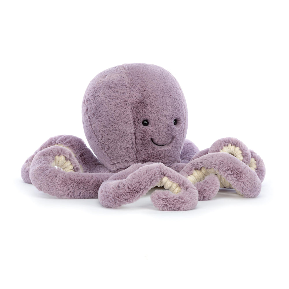 Jellycat Maya Octopus plush lying pose, 10.6 inches, ideal bedtime companion.