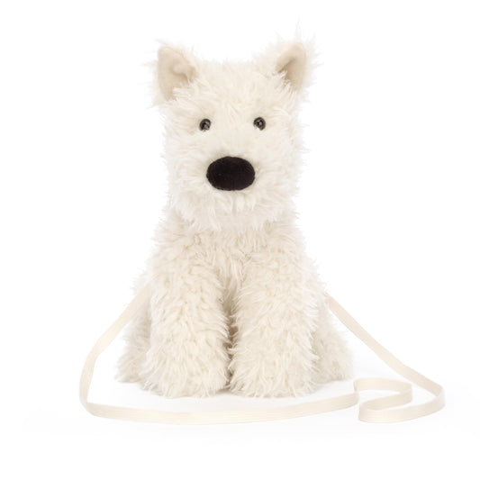 Jellycat Munro Scottie Dog crossbody side view, lightweight and easy to wear.