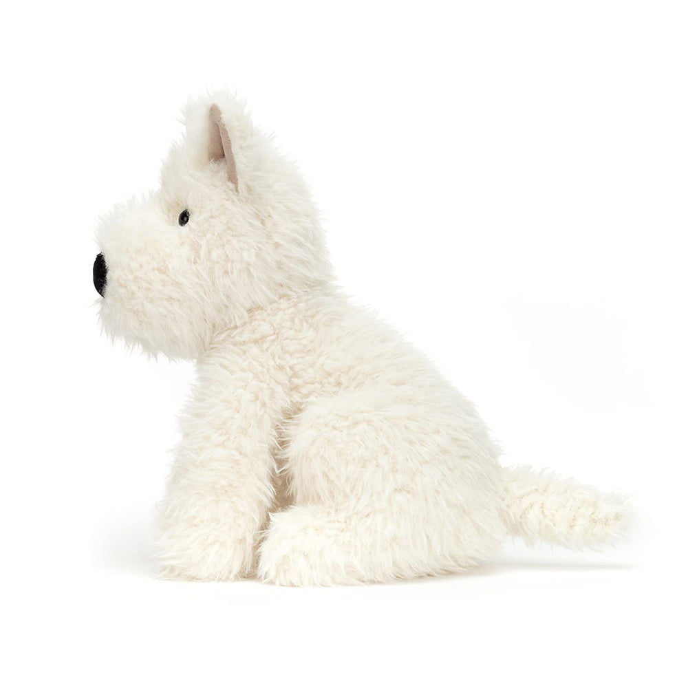 Jellycat Munro Scottie Dog plush face closeup, showing beaded eyes and nose.