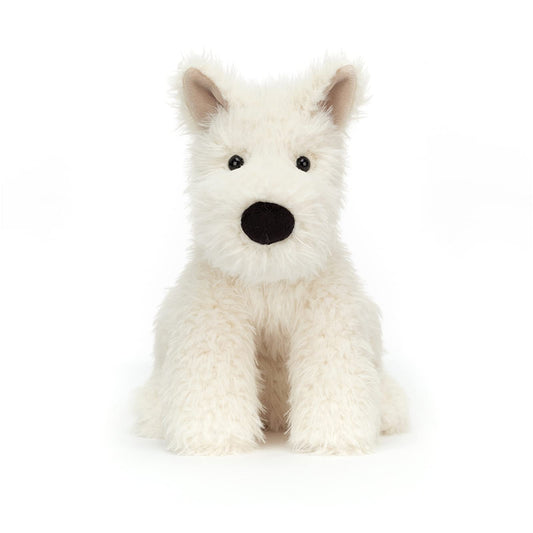 Jellycat Munro Scottie Dog plush sitting pose, ideal for storytelling and nursery decor.