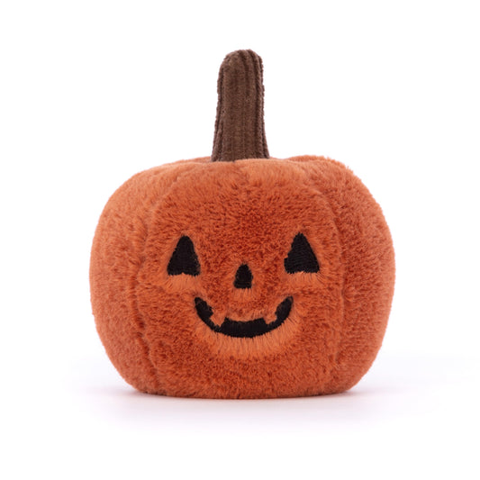 Jellycat Ooky Jack O'Lantern plush features rusty orange fur and textured pumpkin details.