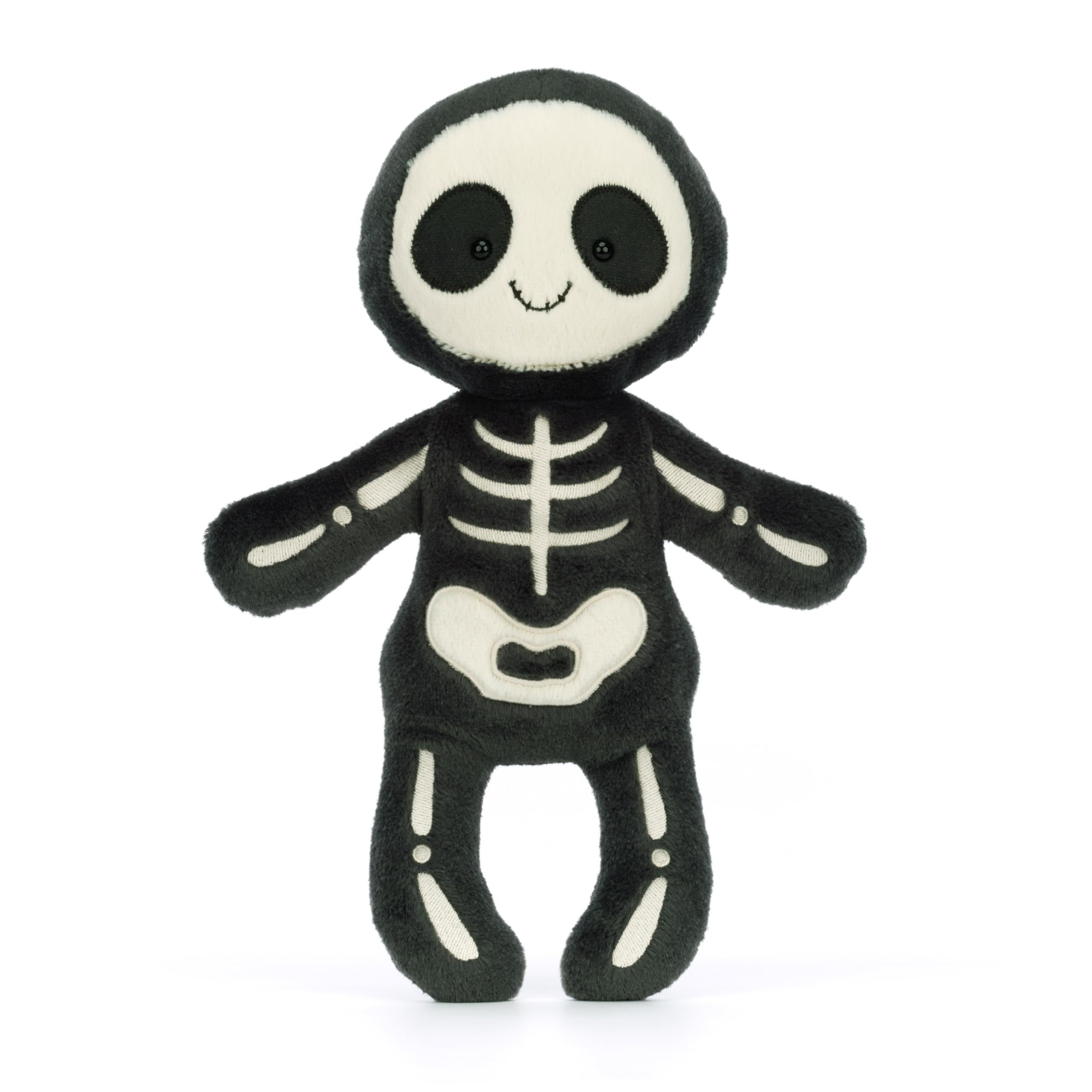 Jellycat Skeleton Bob smiling face, friendly spooky plush for hugs.