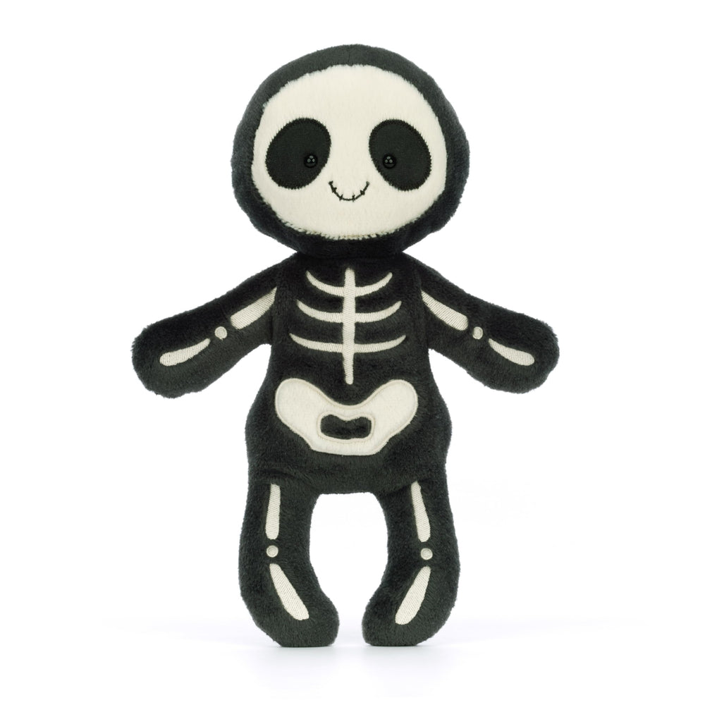 Jellycat Skeleton Bob smiling face, friendly spooky plush for hugs.
