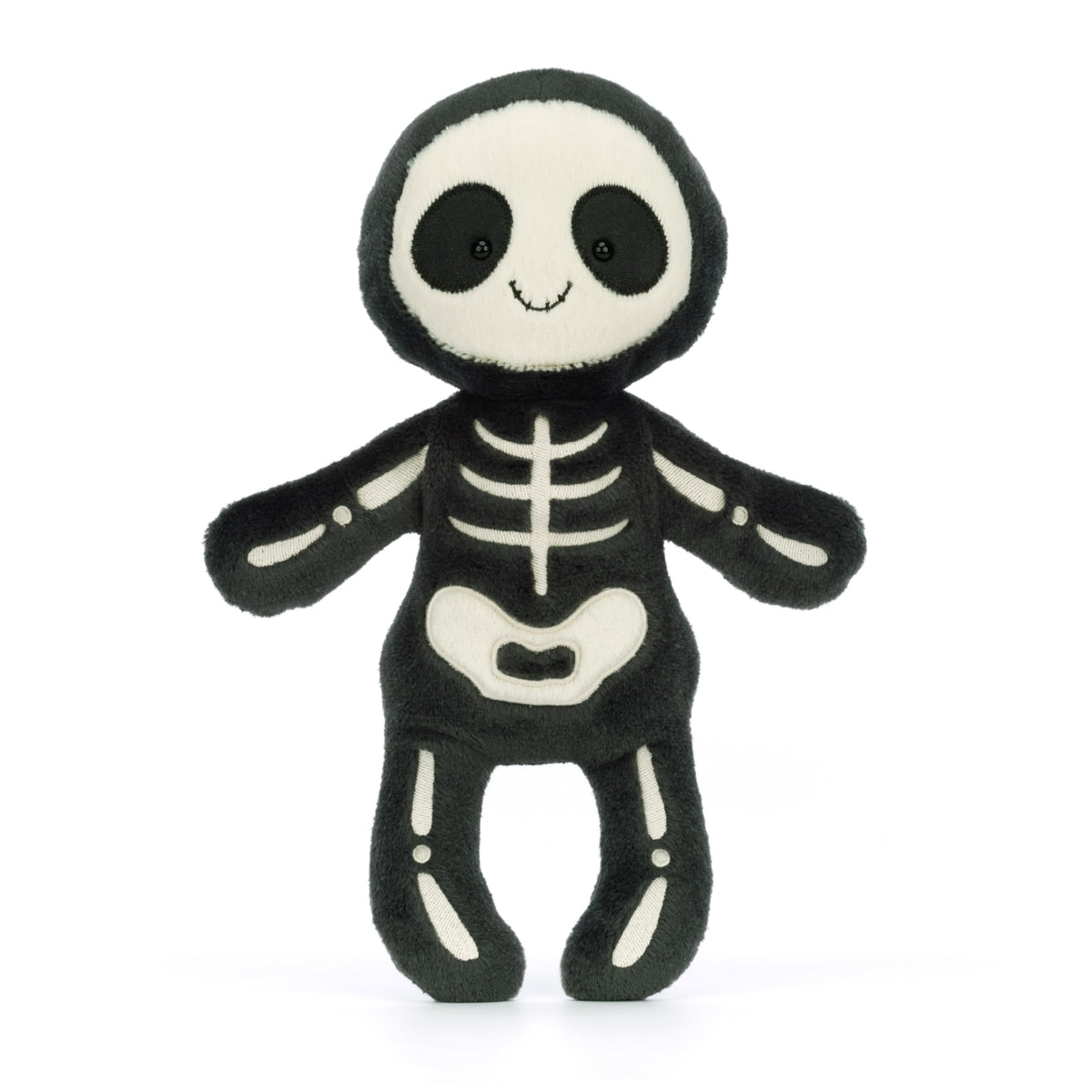 Jellycat Skeleton Bob smiling face, friendly spooky plush for hugs.