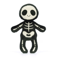 Jellycat Skeleton Bob smiling face, friendly spooky plush for hugs.