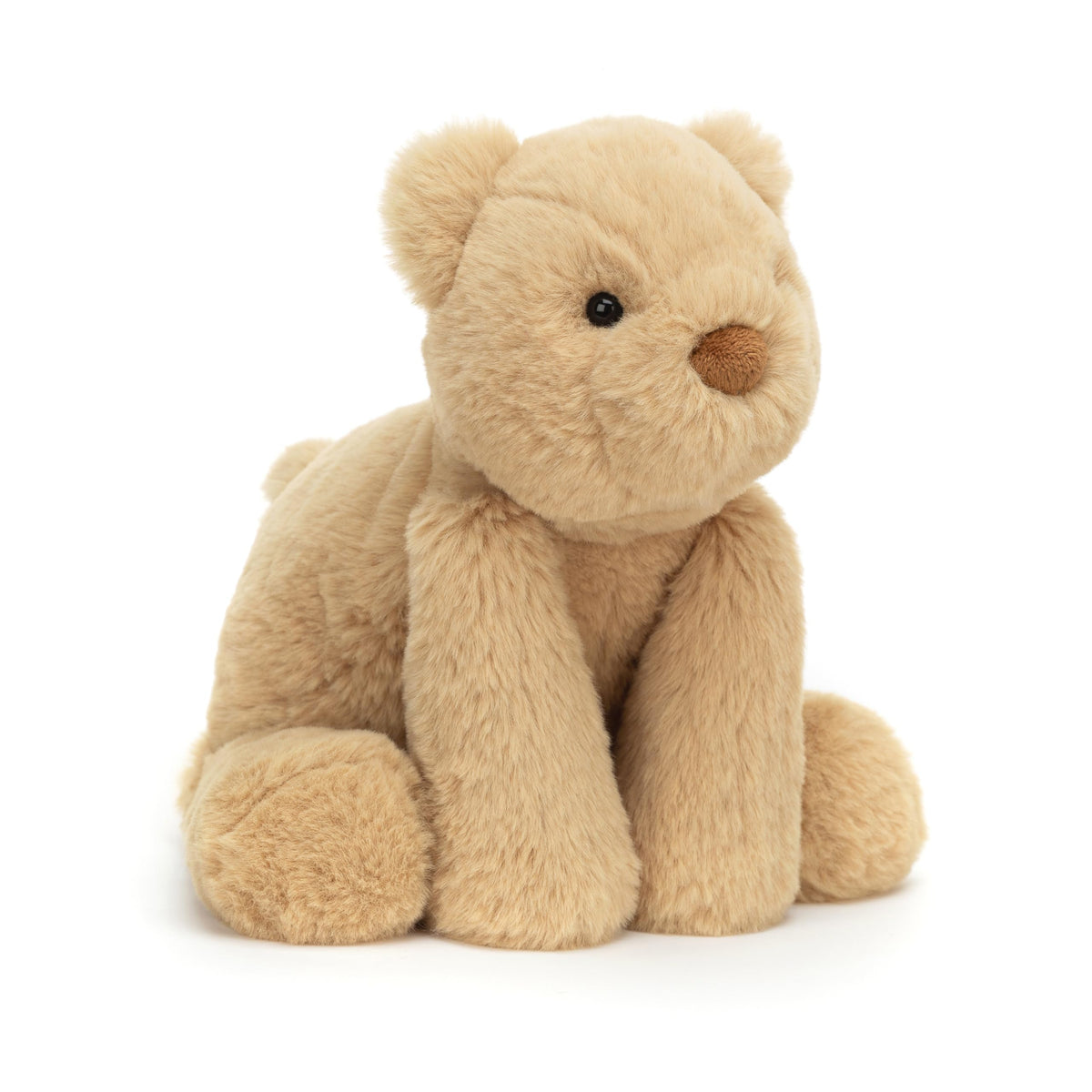 Jellycat Smudge Bear close-up face with cinnamon nose invites comforting hugs.