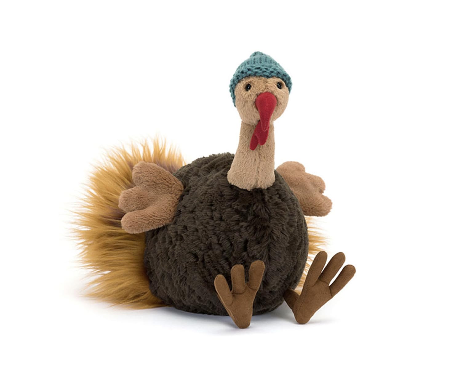 Jellycat Theo Turkey with soft fluffy tail invites cozy cuddling.