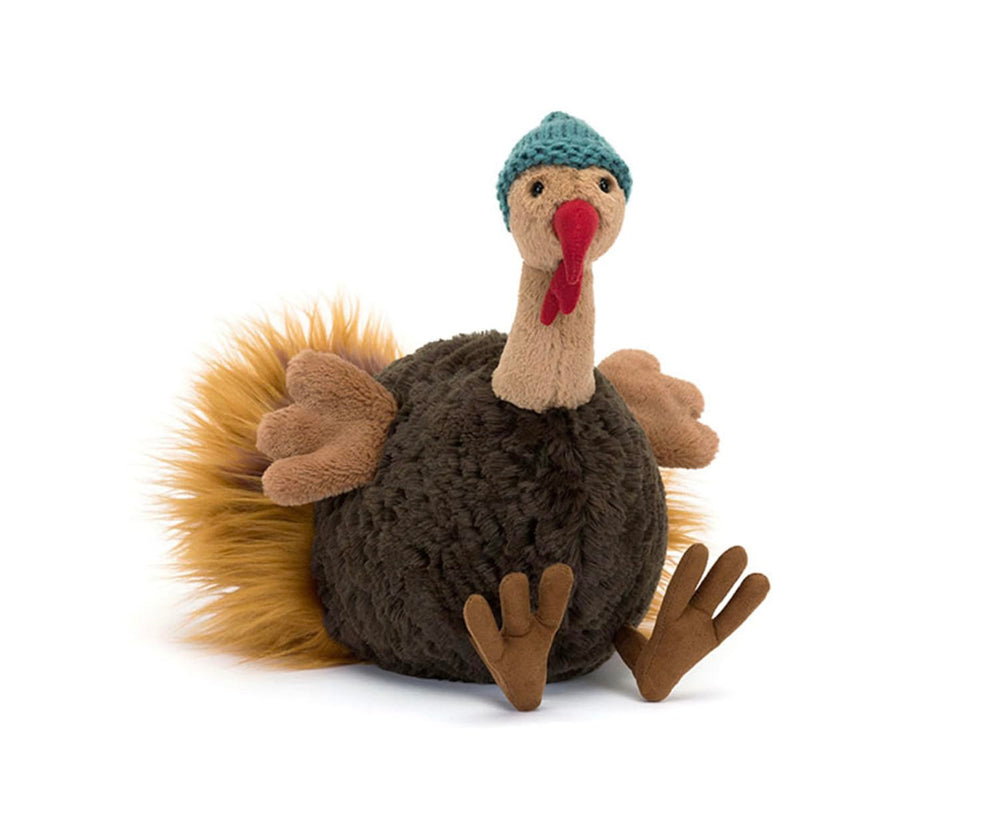 Jellycat Theo Turkey with soft fluffy tail invites cozy cuddling.