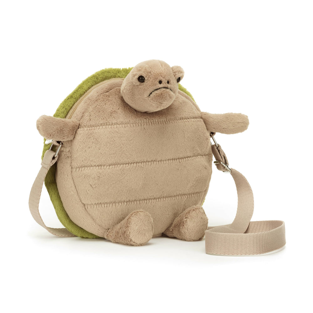 Jellycat Timmy Turtle crossbody front view, grumpy charm, ideal for everyday errands.