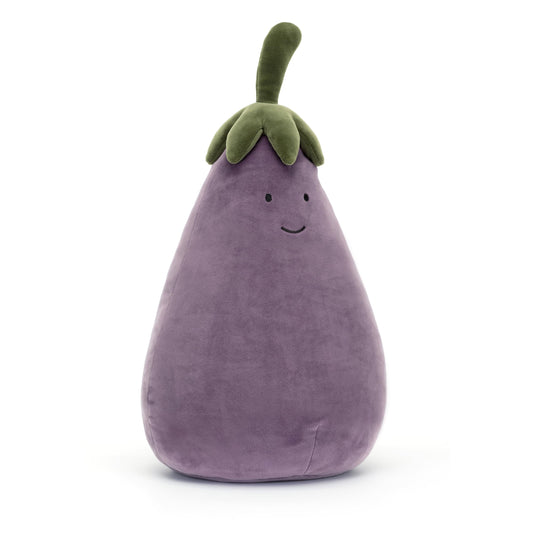 Jellycat Vivacious Vegetable Aubergine plush with soft plum fur for cuddles.