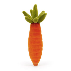 Close-up of Jellycat carrot plush fur with stitched ridges and leaf crown detail.