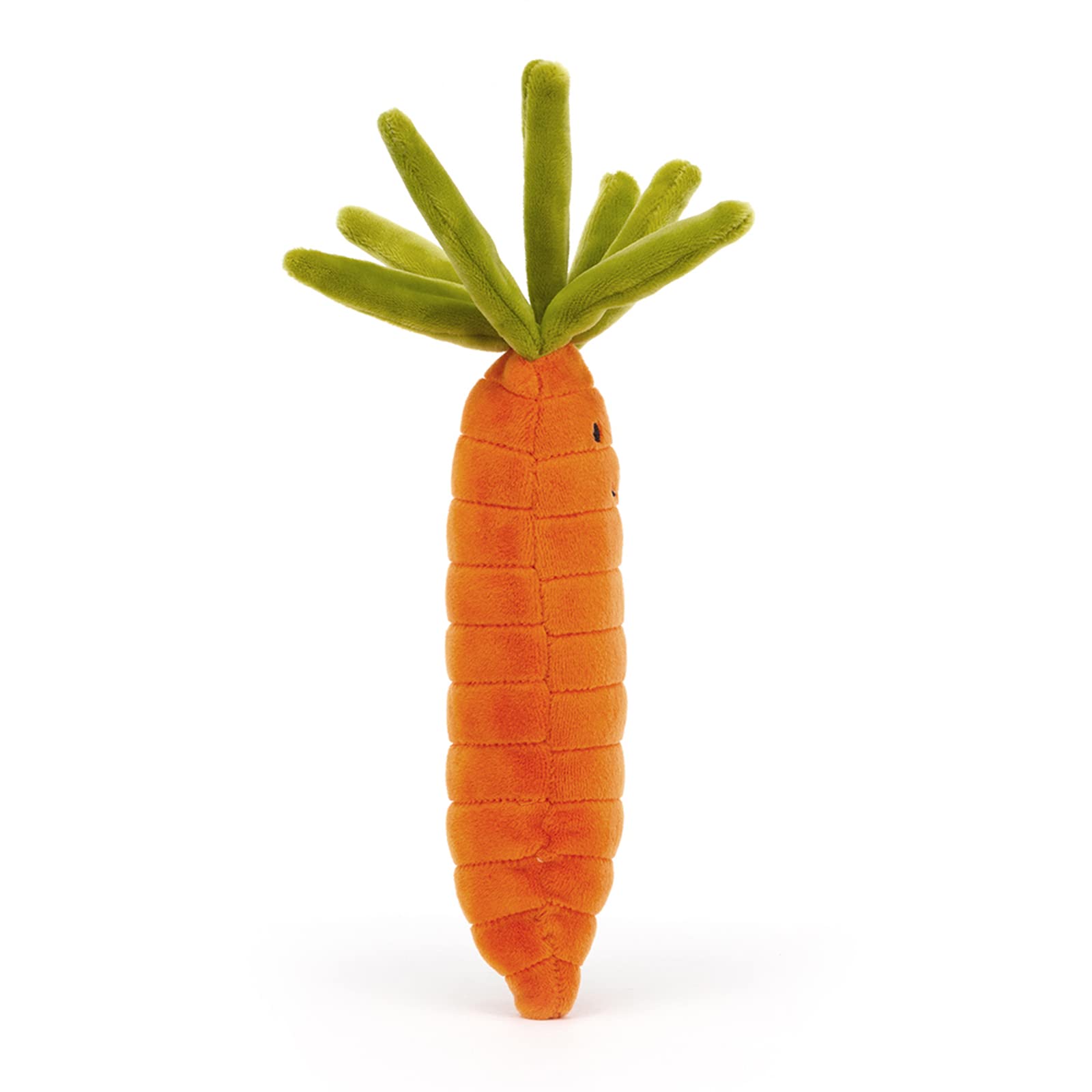 Jellycat Vivacious Carrot plush toy side view showing orange fur and leaves.