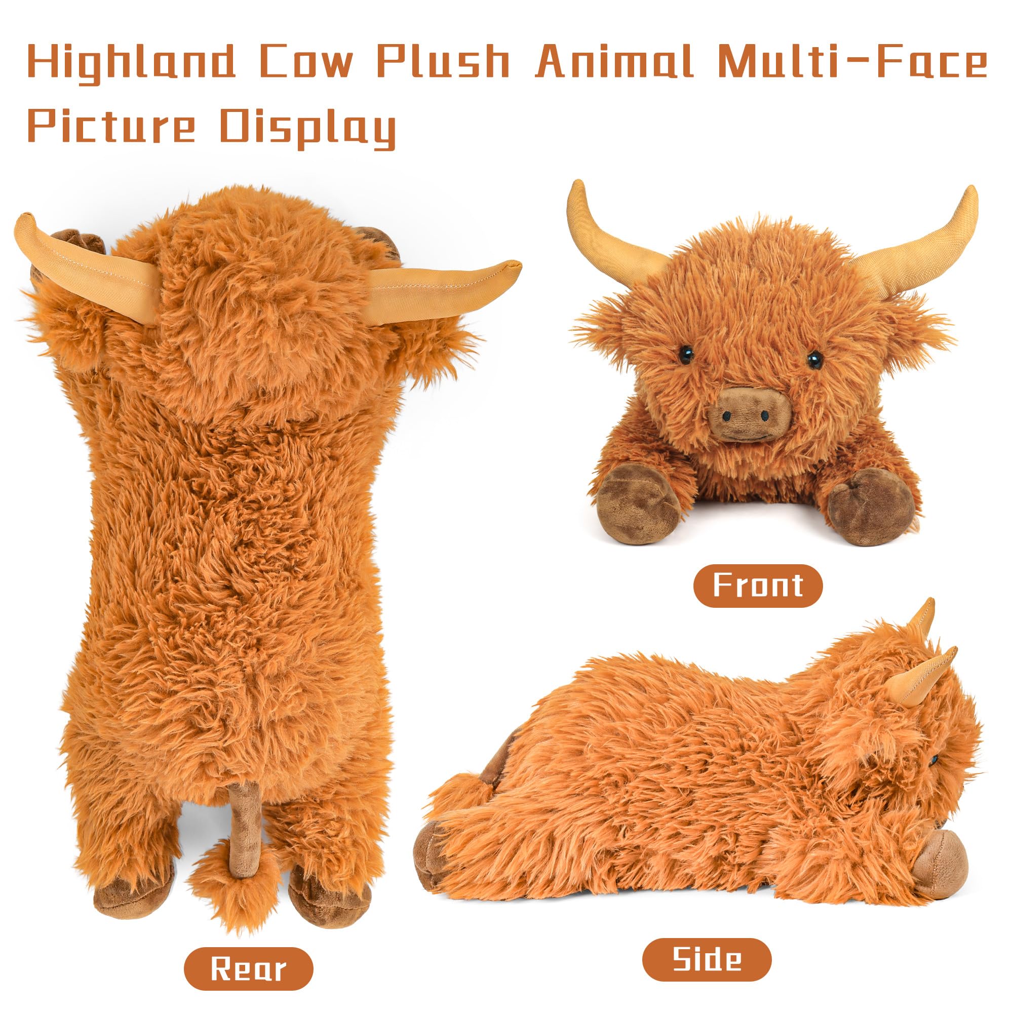 Front view of JellyMallow Highland Cow weighted plush with fluffy fur.