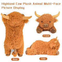 Front view of JellyMallow Highland Cow weighted plush with fluffy fur.
