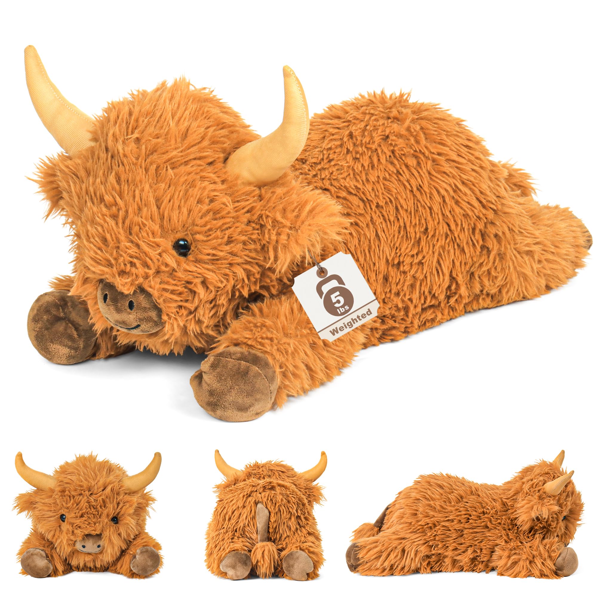 JellyMallow Highland Cow weighted plush, 22-inch size, ideal for comforting hugs.