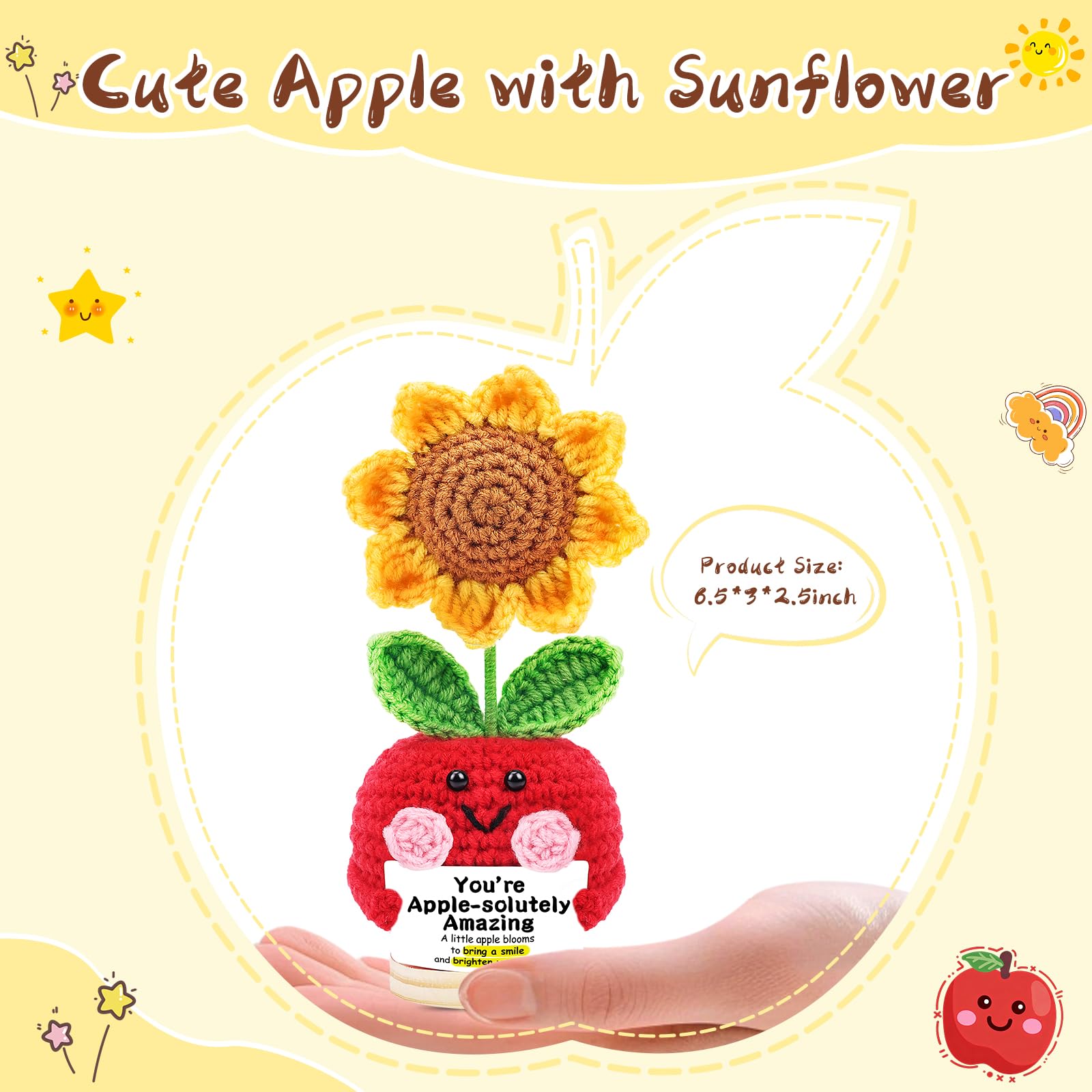 JELUTAR crochet apple with sunflower sits on a desk to inspire optimism