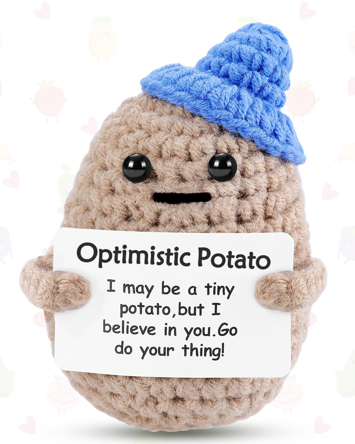 JELUTAR Mini Funny Potato with blue hat, front view, a cheerful desk companion.