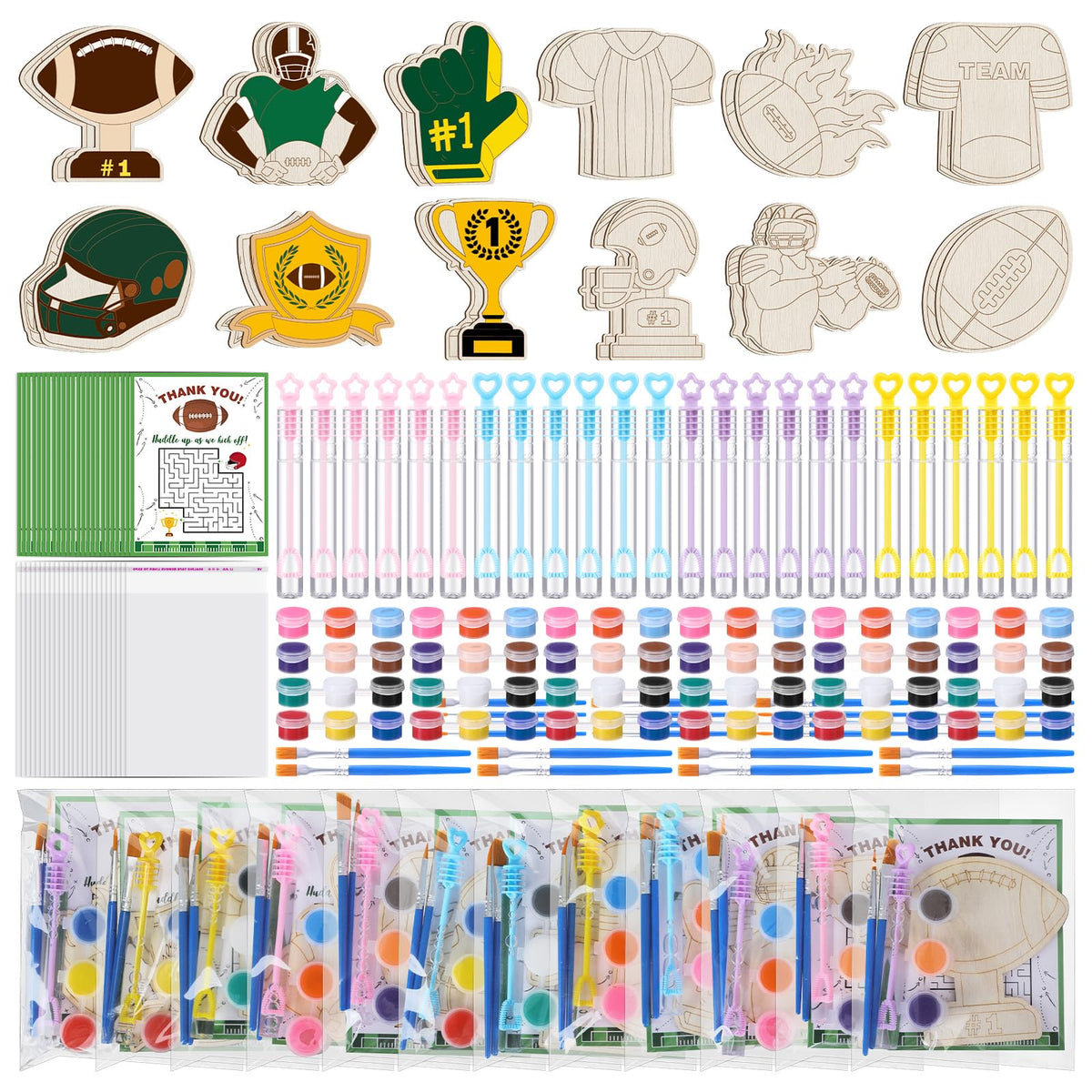 Jenaai 24-set wood football painting crafts with varied designs for creative DIY projects.