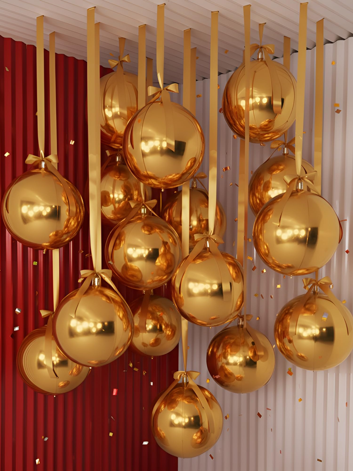 Jenaai 30-set gold round foil balloons hanging as a giant ceiling display.
