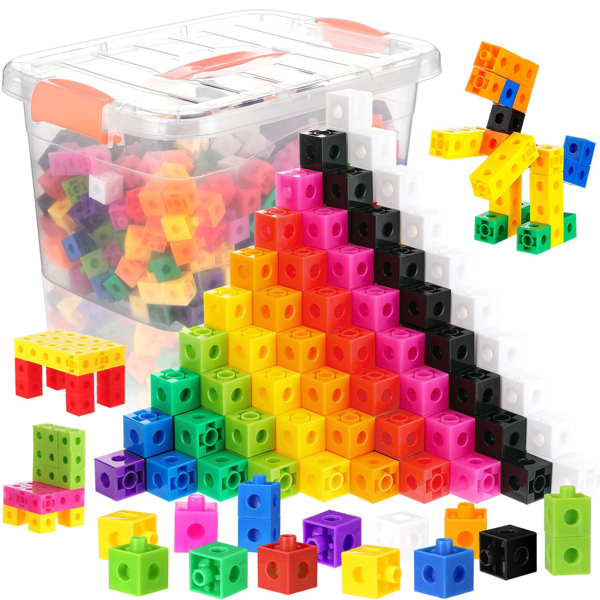 Jenaai 300-pcs linking cubes with orange storage container for organized classroom play