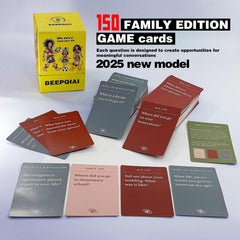 Jendfert BHTPOK150 family edition cards spread on dinner table for storytelling and bonding.