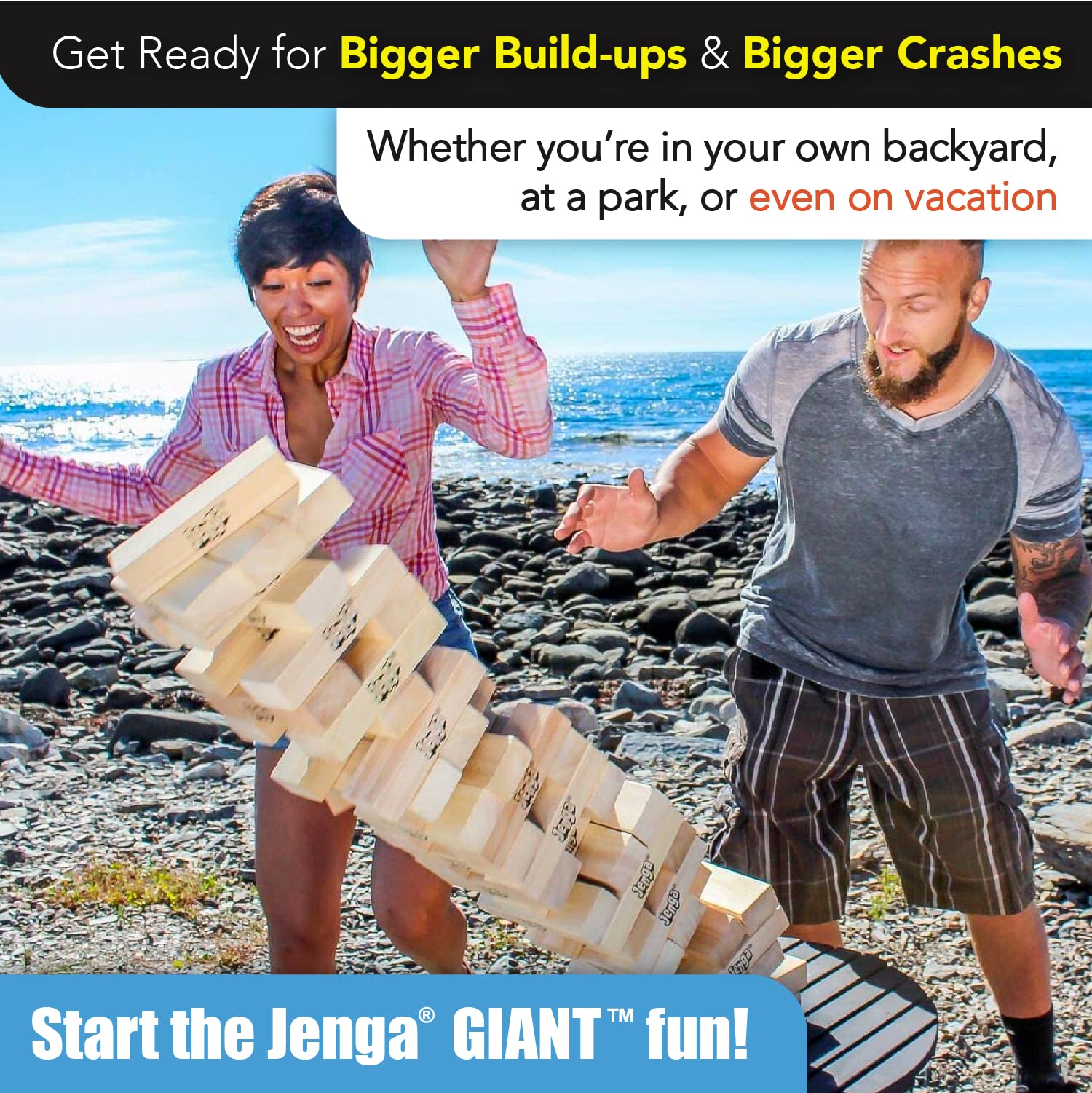 Jenga GIANT JS7 tower reaching over five feet during play.
