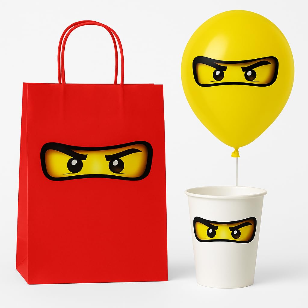 JenJen Tradition ninja eye stickers applied to gift bags enhance party presentation